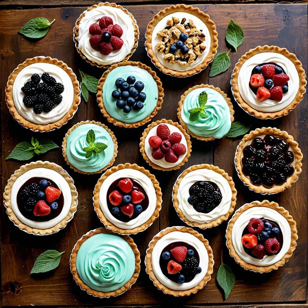 A delightful assortment of sweet cream pies displayed on a rustic wooden table, showcasing various flavors and toppings such as chocolate, fruit, and nut variations. Brightly colored cream swirls elegantly adorn the pies, while fresh ingredients like berries and mint leaves are artistically placed around them. Soft, warm lighting enhances the inviting atmosphere, inviting viewers to explore these delectable creations. super-realistic. vibrant colors. soft lighting.