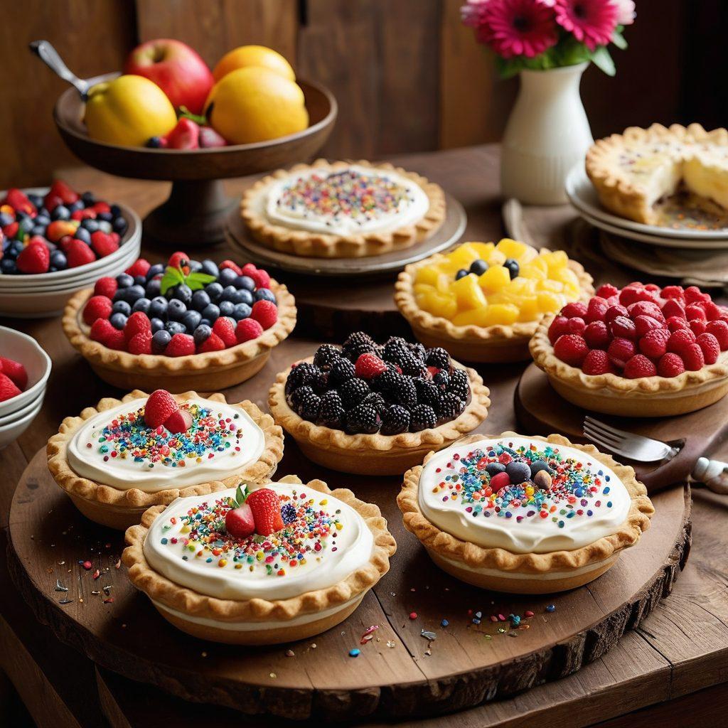 A luscious display of 15 different sweet cream pies artfully arranged on a rustic wooden table, each pie showcasing unique toppings such as fresh fruits, chocolate shavings, and colorful sprinkles. The background features a warm kitchen atmosphere with soft lighting, accented by vintage baking utensils. A fork is playfully resting next to one of the pies, suggesting a delightful bite. Captivating close-ups that evoke a sense of indulgence and warmth. vibrant colors. soft focus.