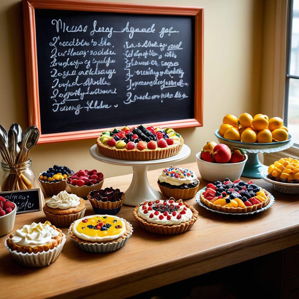 A cozy kitchen scene featuring a person joyfully decorating an exquisite sweet cream pie topped with colorful unique fillings, surrounded by various fruits, cream, and baking tools. Soft natural light illuminates the space, highlighting the vibrant colors of the ingredients. In the background, a chalkboard with handwritten pastry tips adds a touch of charm. artistic, warm colors, inviting atmosphere.